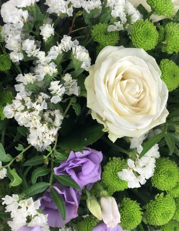 white rose, lilac lisianthus, green chrysanthemum, eucalyptus, white statice, bouquet
