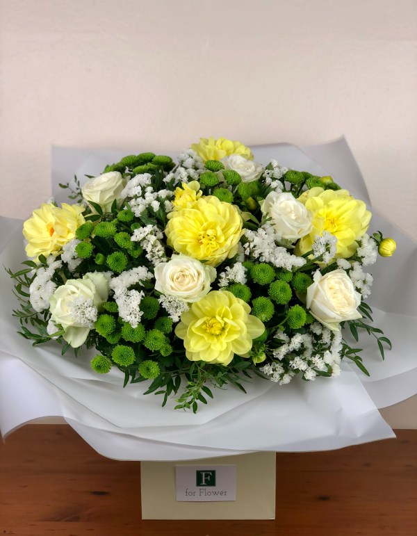 yellow dahlia, white statice, green chrysanthemus, eucalyptus, bouquet (2)